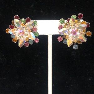 Vintage Multi Colored Crystal Flower Button Earrings
